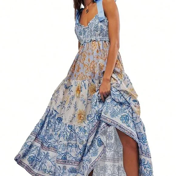 Multicolor Casual Women's Floral Print Lace-Up Spaghetti Strap Pleated Dress - Picture 2 of 6